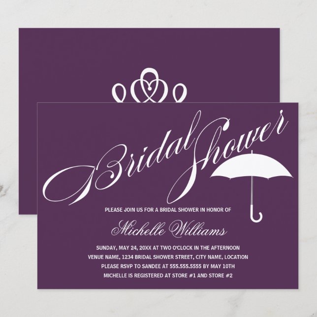 Calligraphy Umbrella Purple Bridal Shower Invitation (Front/Back)