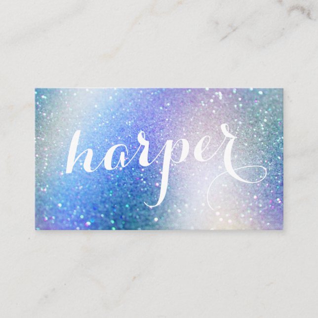 Calligraphy Unicorn Glitter Iridescent Holographic Business Card (Front)