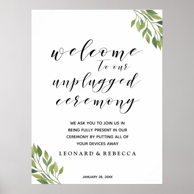 Calligraphy unplugged ceremony greenery sign (Front)