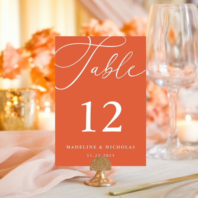 Calligraphy Verona Sunset Orange Modern Wedding Table Number (Creator Uploaded)