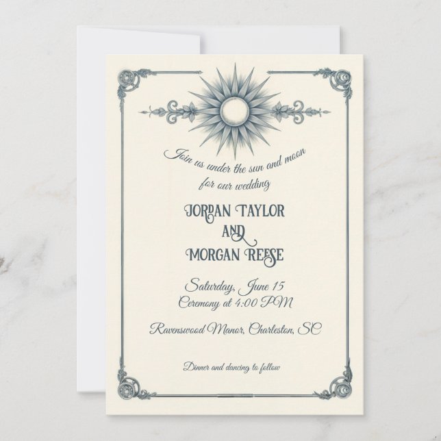 Calligraphy Vintage Blue Sun Wedding Invitation (Front)