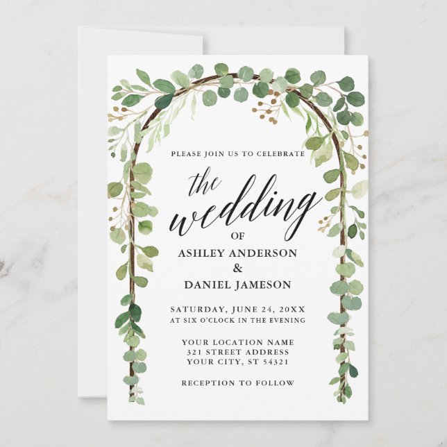 Calligraphy Watercolor Botanical Wood Arch Wedding Invitation (Front)