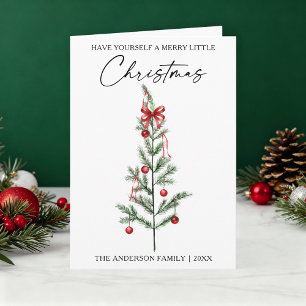 Calligraphy Watercolor Christmas Tree Red Bow Fold Holiday Card