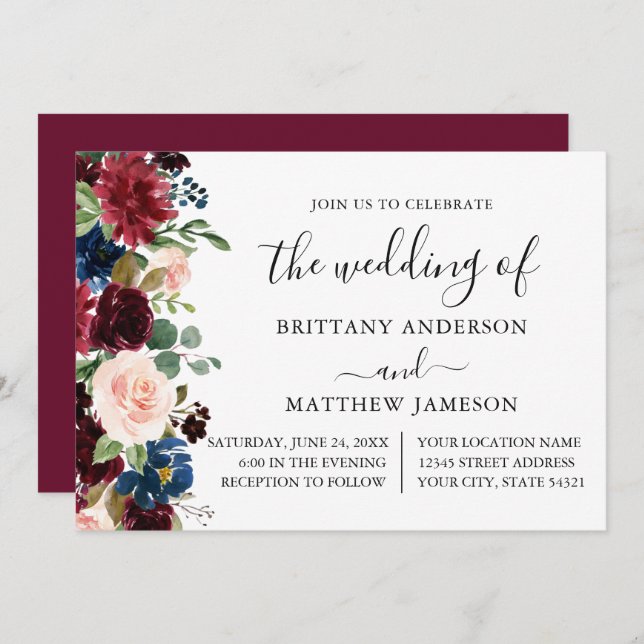 Calligraphy Watercolor Floral Wedding Burgundy Invitation (Front/Back)