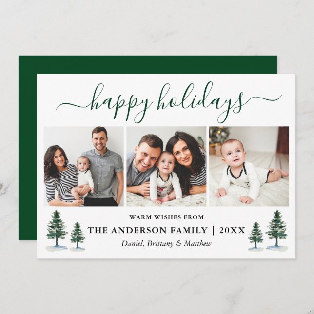 Calligraphy Watercolor Green Pines 3 Photo Holiday Card (Front/Back)