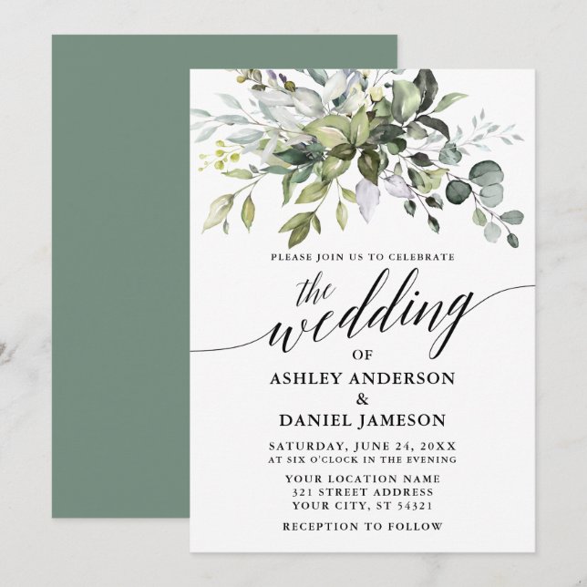 Calligraphy Watercolor Greenery Sage Green Wedding Invitation (Front/Back)