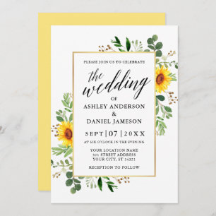Calligraphy Watercolor Greenery Sunflowers Wedding Invitation