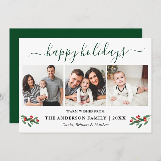 Calligraphy Watercolor Holly 3 Photo Green Holiday Card (Front/Back)