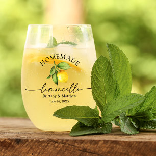 Calligraphy Watercolor Lemon Homemade Limoncello Stemless Wine Glass