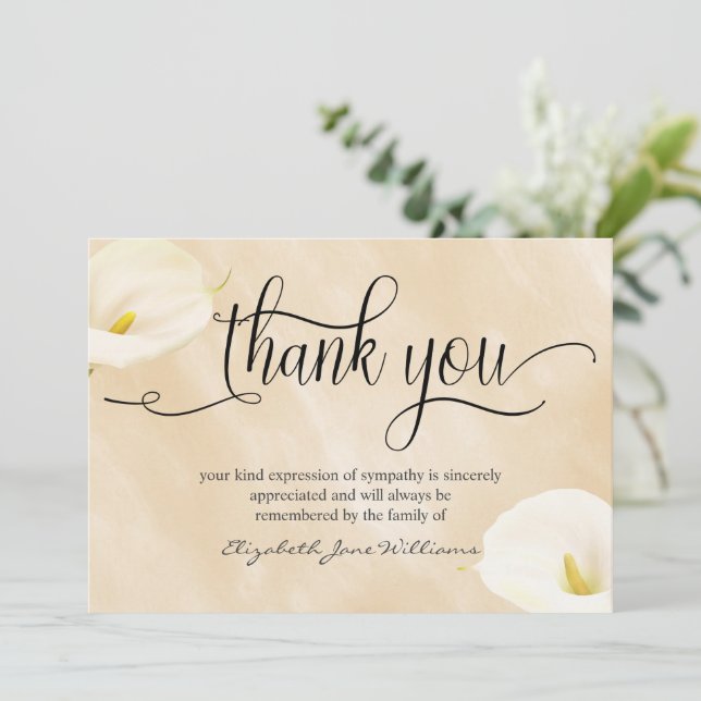 Calligraphy Watercolor Lillies Funeral Thank You Card (Standing Front)
