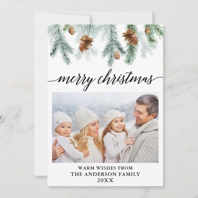 Calligraphy Watercolor Pine Cones Photo Christmas Holiday Card (Front)