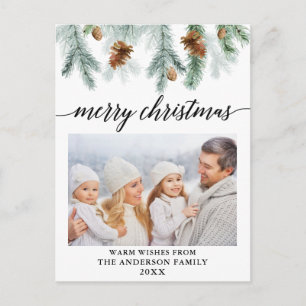Calligraphy Watercolor Pine Cones Photo Christmas Postcard
