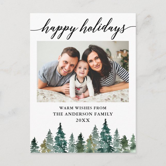 Calligraphy Watercolor Pine Trees Photo Holiday Postcard (Front)