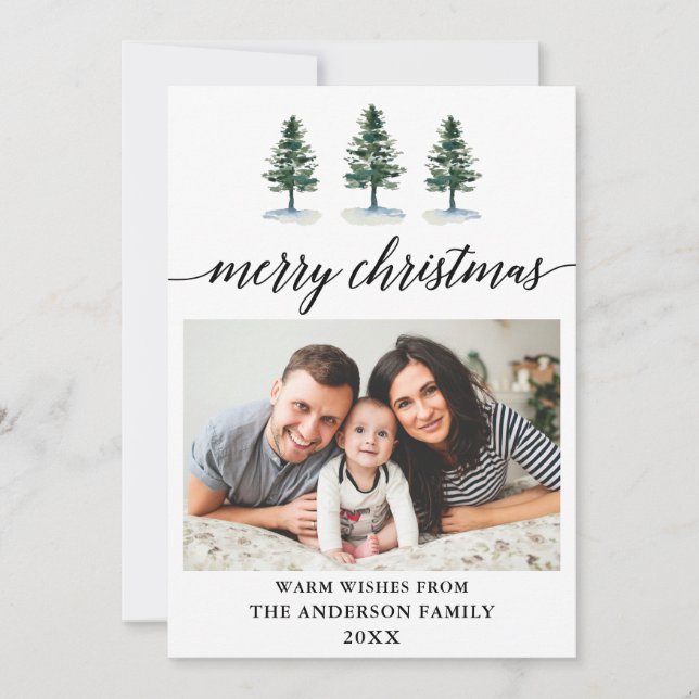 Calligraphy Watercolor Pines Photo Christmas Holiday Card (Front)