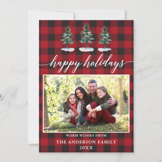 Calligraphy Watercolor Pines Plaid Family Photo Holiday Card (Front)