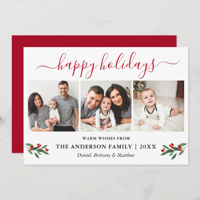 Calligraphy Watercolor Red Holly 3 Photo Holiday Card (Front/Back)