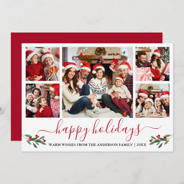 Calligraphy Watercolor Red Holly 5 Photo Holiday Card (Front/Back)