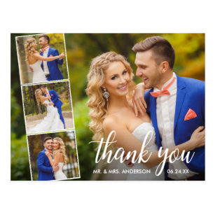 Calligraphy Wedding 4 Photo Collage Thank You Postcard