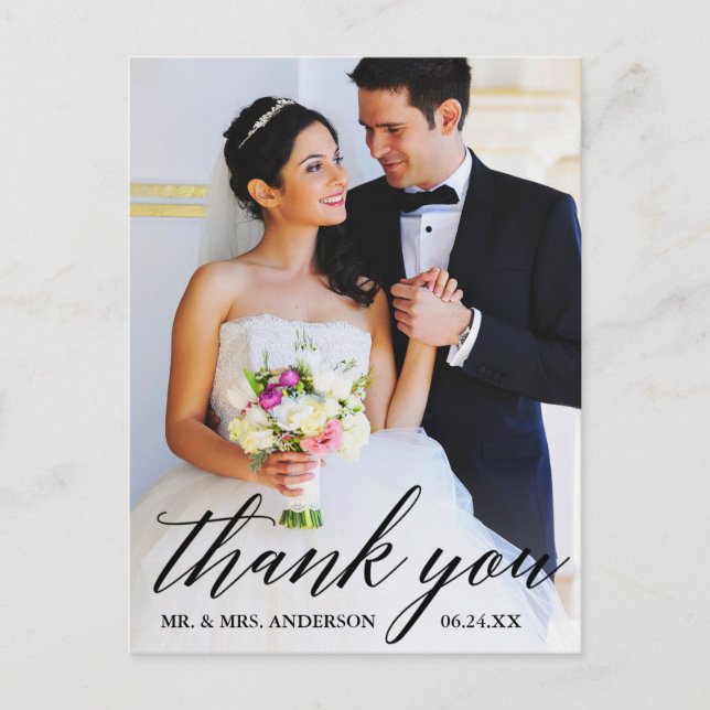 Calligraphy Wedding Bride Groom Photo Thank You Postcard (Front)