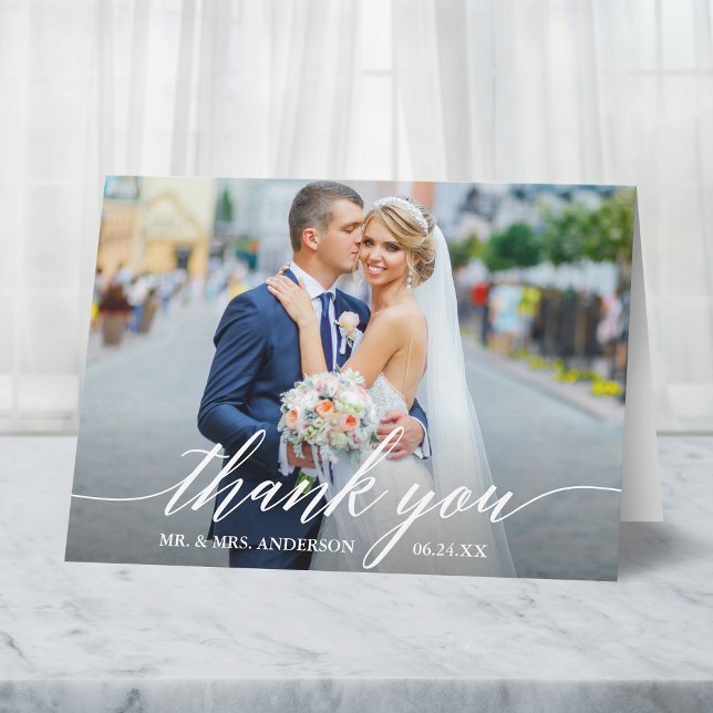 Calligraphy Wedding Bride Groom Photo W Note Thank You Card (Customize to add text or more photos inside of card.)