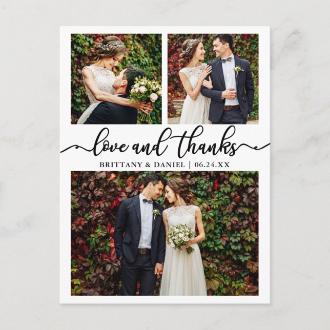 Calligraphy Wedding Collage 3 Photo Thank You Postcard (Front)