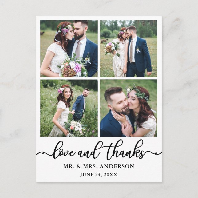 Calligraphy Wedding Collage 4 Photo Thank You Postcard (Front)