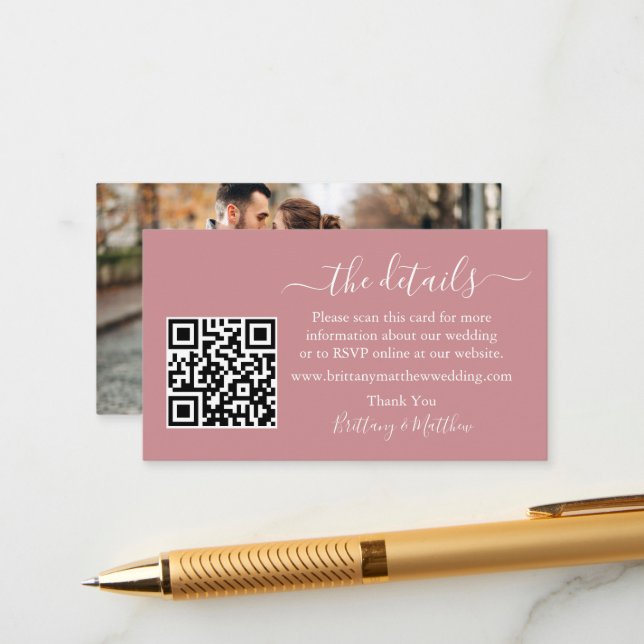 Calligraphy Wedding Details QR Photo Dusty Rose Enclosure Card (Front/Back In Situ)