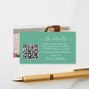 Calligraphy Wedding Details QR Photo Mint Green Enclosure Card