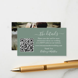 Calligraphy Wedding Details QR Photo Sage Green Enclosure Card