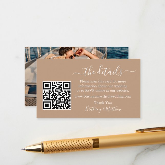 Calligraphy Wedding Details Web QR Photo Taupe Enclosure Card (Front/Back In Situ)