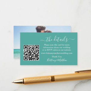 Calligraphy Wedding Details Website QR Photo Teal Enclosure Card