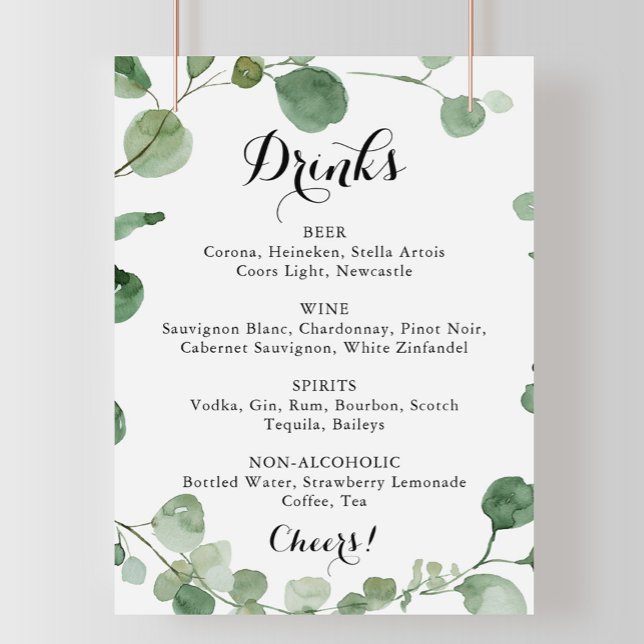 Calligraphy Wedding Drinks Menu Eucalyptus Sign (Creator Uploaded)