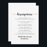 Calligraphy Wedding Kissing Menu Game Card<br><div class="desc">This calligraphy wedding kissing menu game card is perfect for a rustic wedding reception. The simple and elegant design features classic and fancy script typography in black and white.</div>