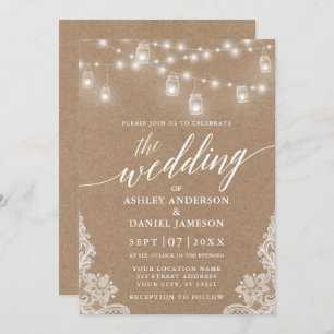 Calligraphy Wedding Lights Lace Kraft Invitation