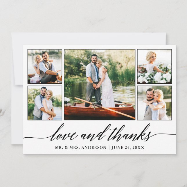 Calligraphy Wedding Love and Thanks 5 Photo Thank You Card (Front)