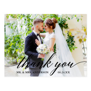 Calligraphy Wedding Photo Bride Groom Thank You B Postcard