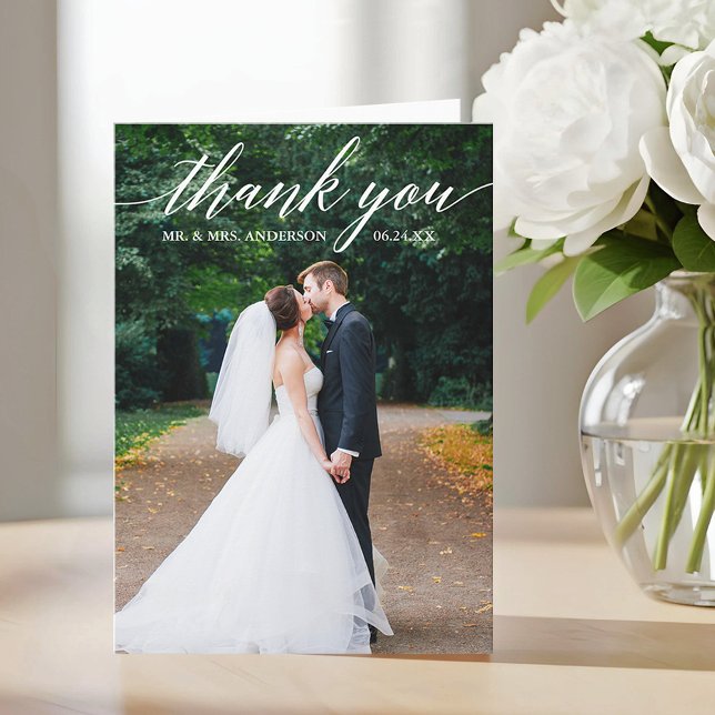Calligraphy Wedding Photo Elegant Folded Thank You Card (Customize to add text or more photos inside of card.)