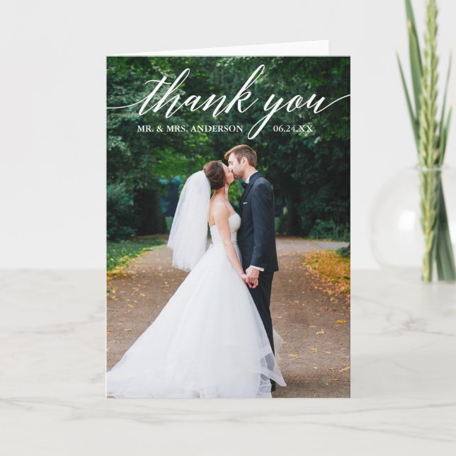 Calligraphy Wedding Photo Elegant Folded Thank You Card (Front)