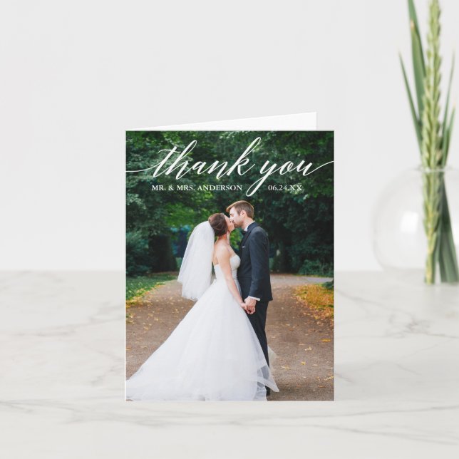 Calligraphy Wedding Photo Elegant Note Thank You Card (Front)