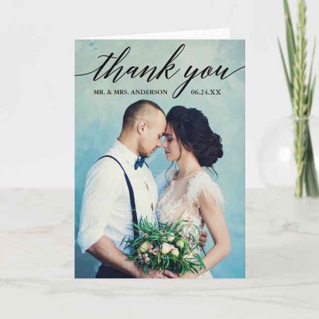 Calligraphy Wedding Photo Fold Thank You Card (Front)