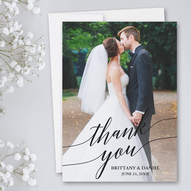 Calligraphy Wedding Photo Overlay Thank You Card (Customize to add text or more photos to back of card.)