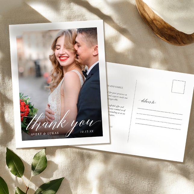 Calligraphy Wedding Photo Thank You  Postcard (Creator Uploaded)