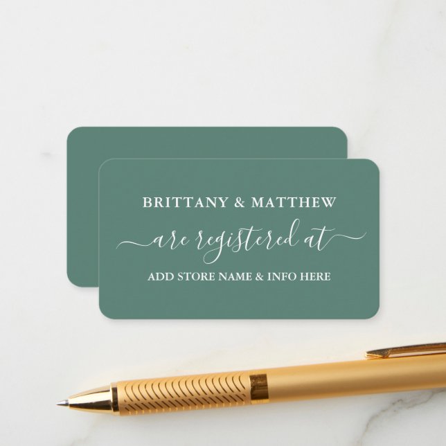 Calligraphy Wedding Registry Eucalyptus Green Enclosure Card (Front/Back In Situ)