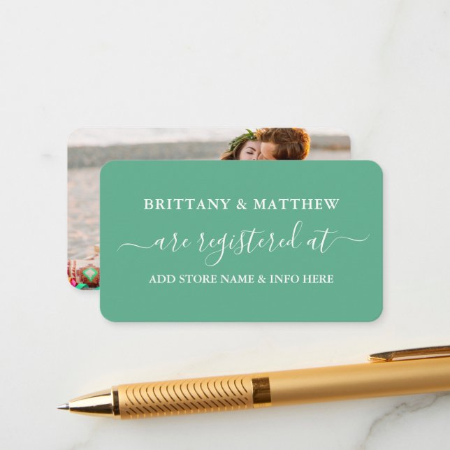 Calligraphy Wedding Registry Photo Mint Green Enclosure Card (Front/Back In Situ)