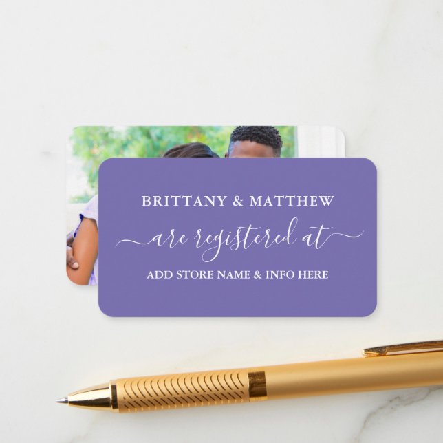 Calligraphy Wedding Registry Photo Periwinkle Enclosure Card (Front/Back In Situ)