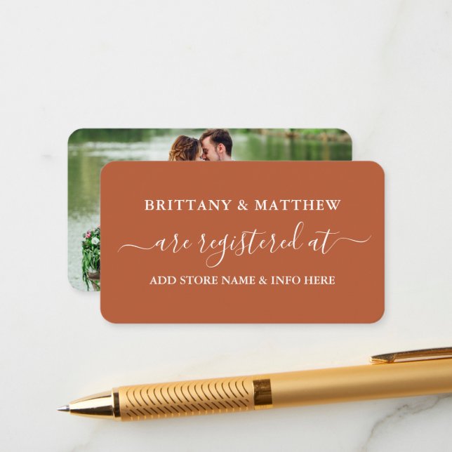 Calligraphy Wedding Registry Photo Terracotta Enclosure Card (Front/Back In Situ)