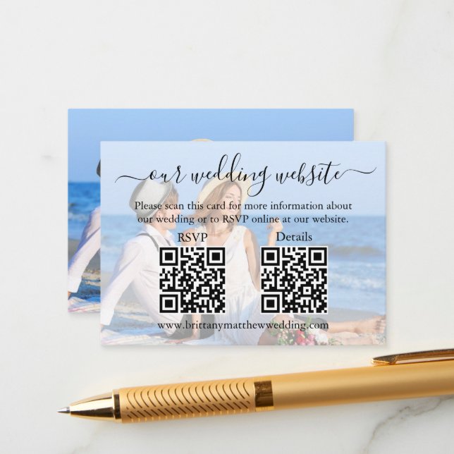 Calligraphy Wedding Website 2 QR Overlay Photo Enclosure Card (Front/Back In Situ)