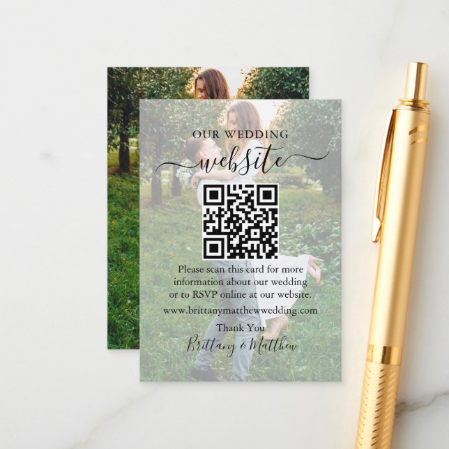 Calligraphy Wedding Website QR Overlay Photo Enclosure Card (Front/Back In Situ)