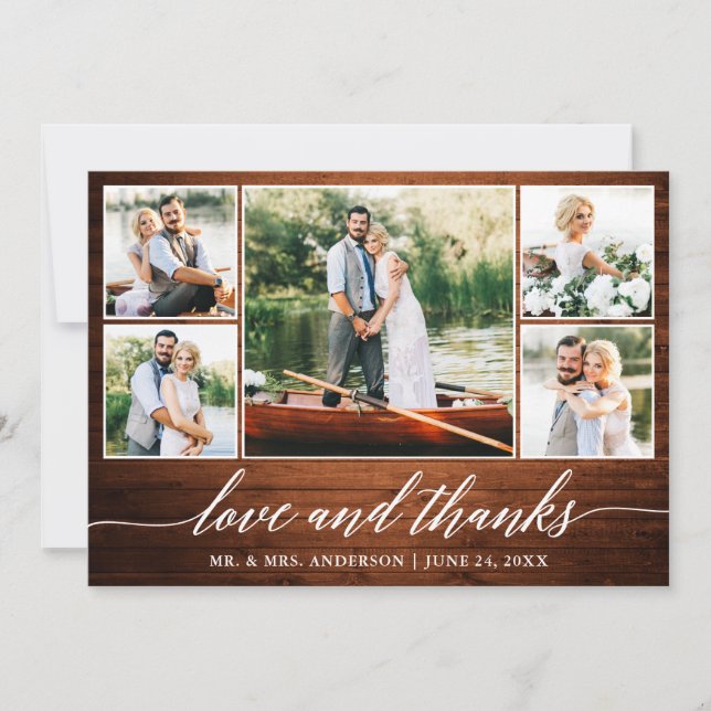 Calligraphy Wedding Wood Love Thanks 5 Photo Thank You Card (Front)