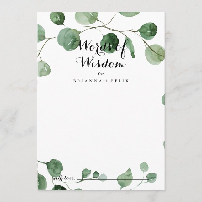 Calligraphy Wedding Words of Wisdom Eucalyptus Advice Card (Front)